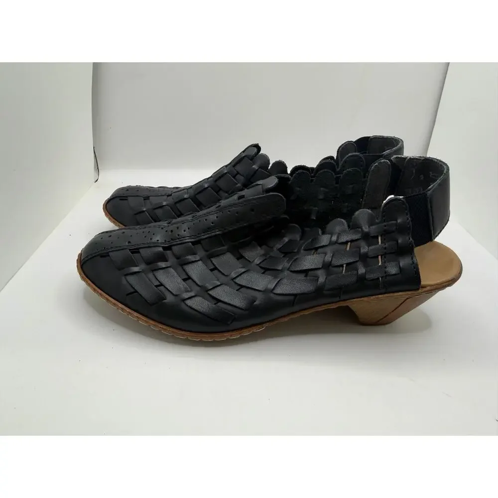 Rieker Black Leather Woven Huarache Slingback Comfort Sandals Witchy